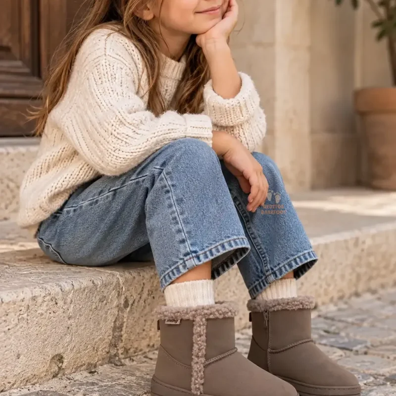 Niña con botas de invierno junto a la puerta Niña con botas de invierno junto a la puerta