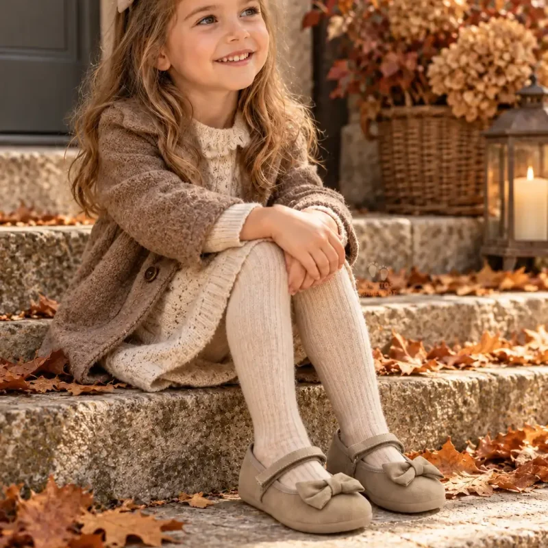 Niña con merceditas barefoot Batilas taupe y conjunto de otoño-invierno Niña con merceditas barefoot Batilas taupe y conjunto de otoño-invierno