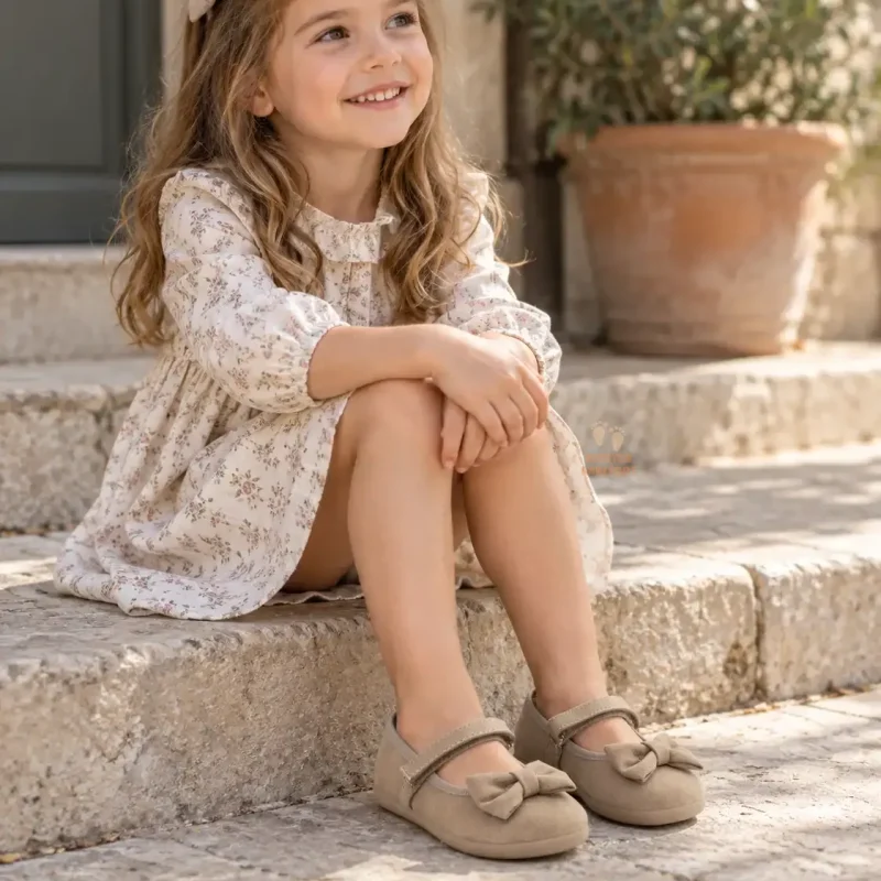 Niña sonriente con zapatos Mary Jane taupe Niña sonriente con zapatos Mary Jane taupe